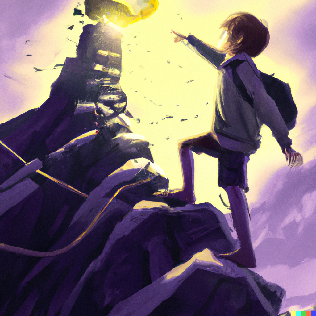 DALL·E 2023-06-23 16.43.39 - a boy with a backup climbing up a never ending world, digital art.png